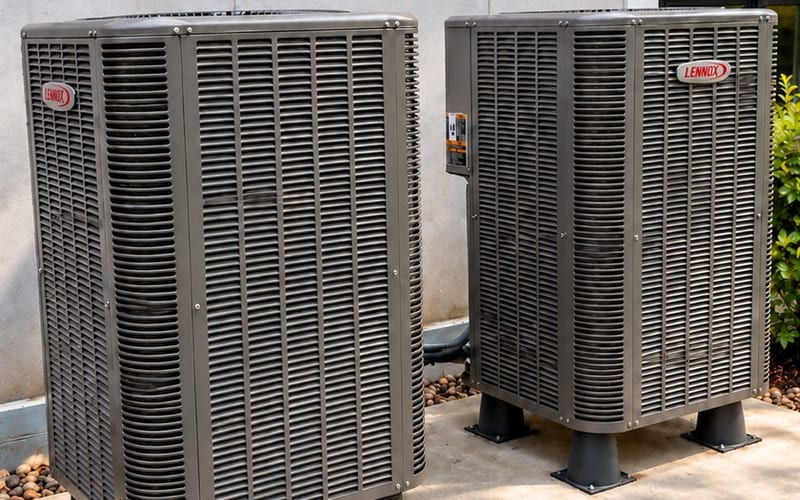 Lennox outdoor condenser units installed on concrete pad – Quality HVAC Solutions LLC, Philadelphia