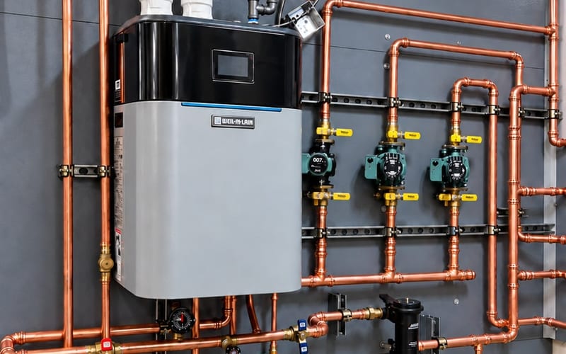 Weil-McLain high-efficiency boiler installation with copper hydronic piping and circulation pumps – Quality HVAC Solutions LLC, Philadelphia